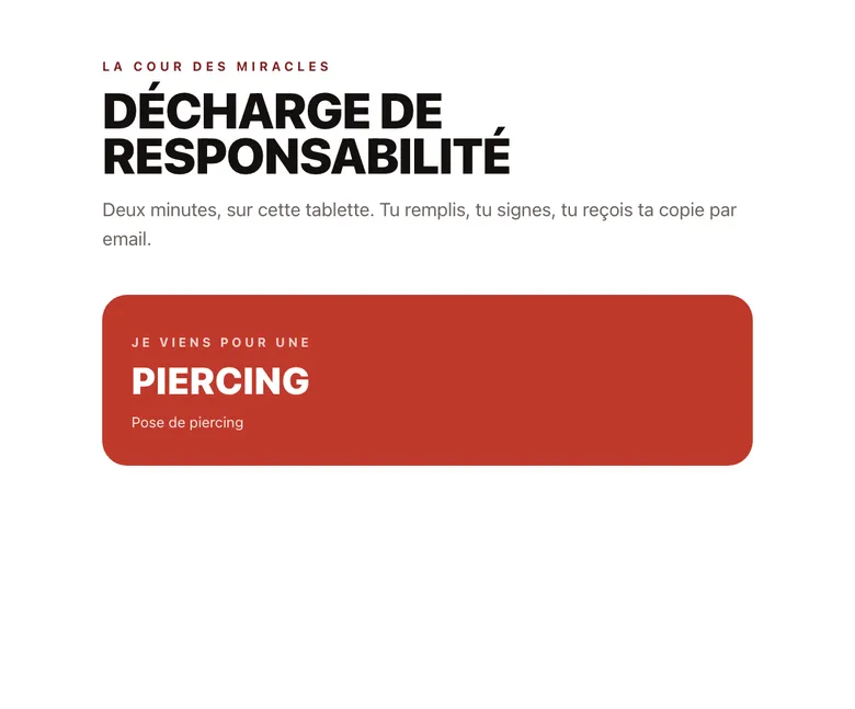 Écran de l'application Décharge tatouage