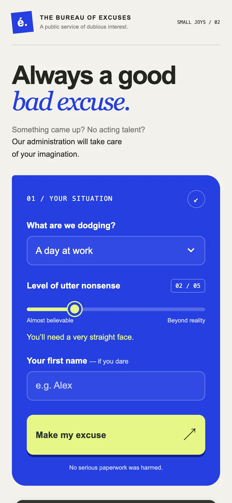 Screen of the app Bureau of Excuses