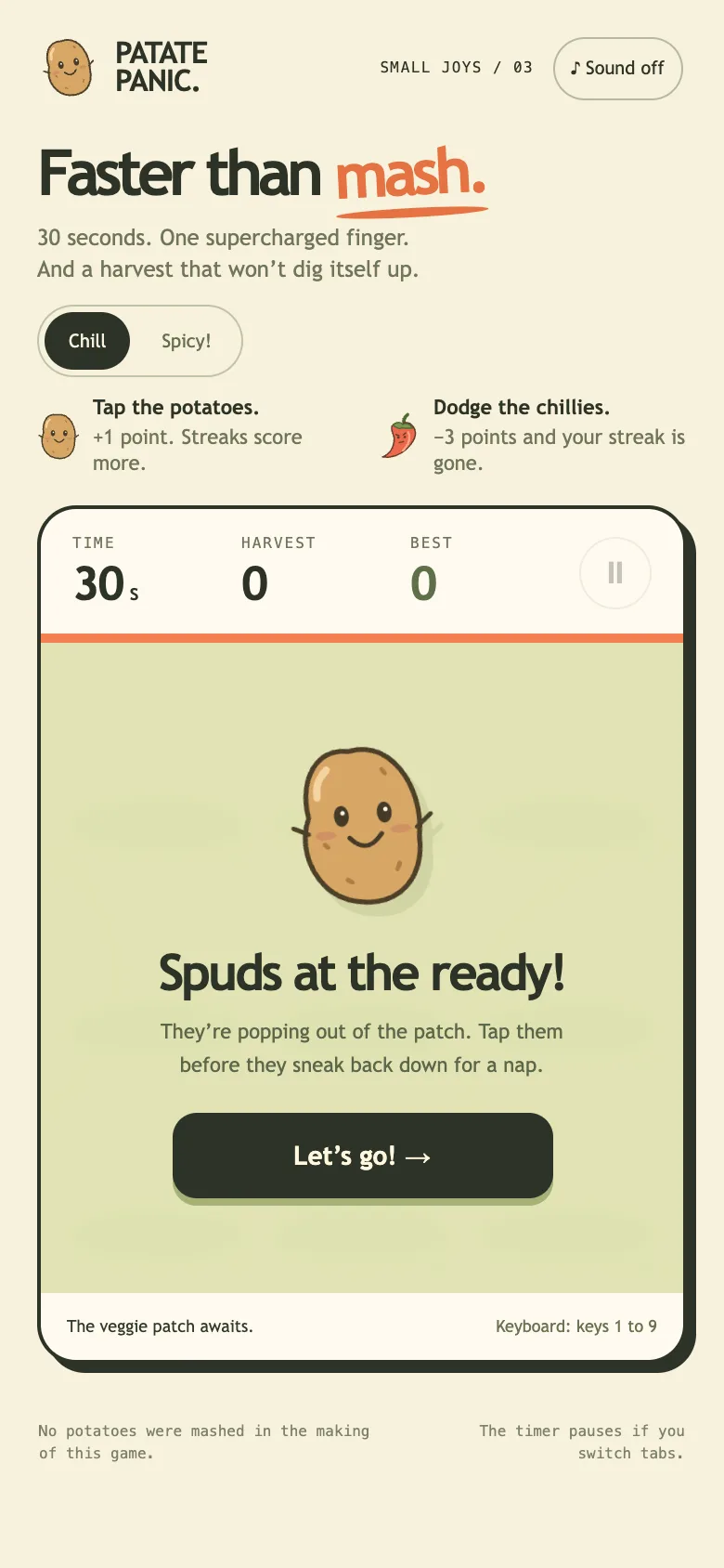 Screen of the app Patate Panic