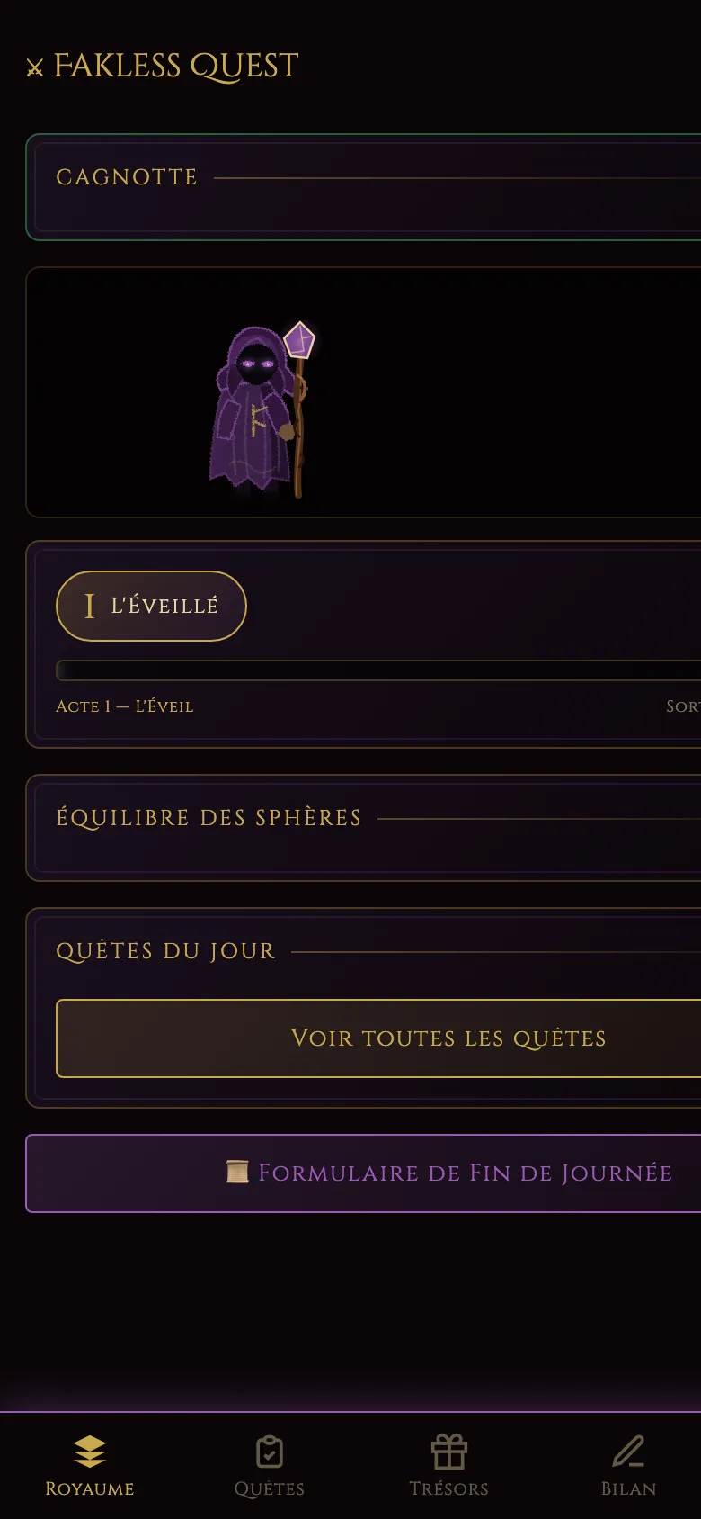 Écran de l'application Fakless Quest