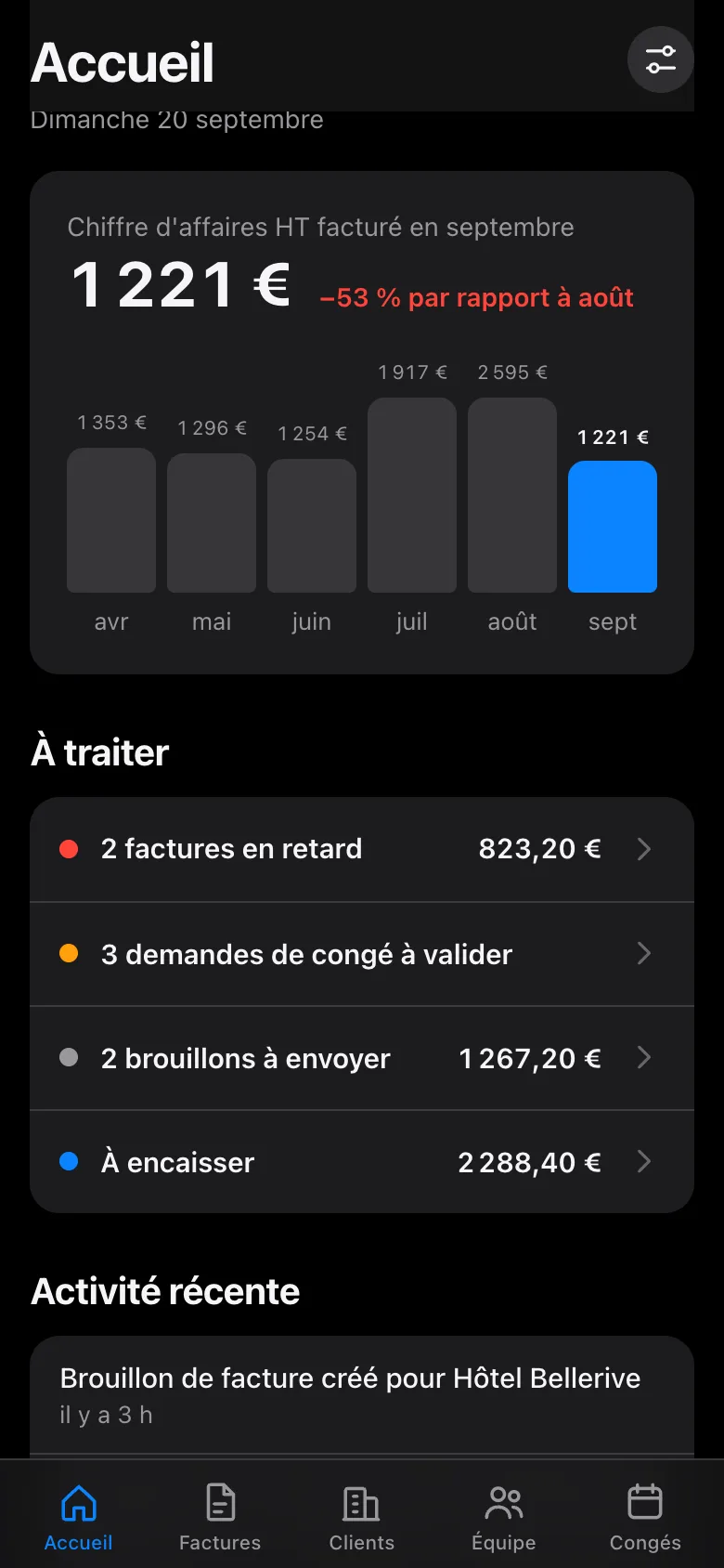 Écran de l'application Noria Admin