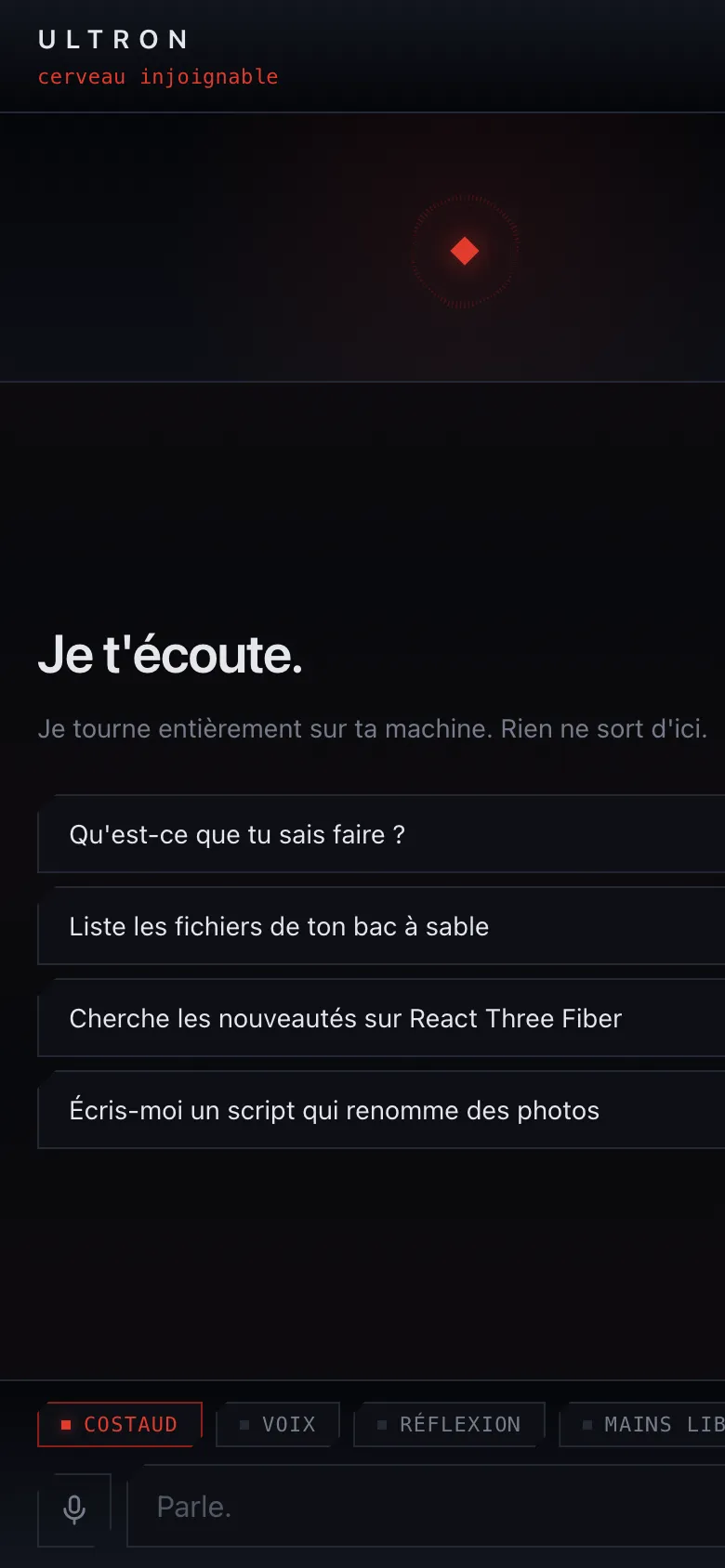 Écran de l'application Ultron